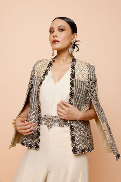 Ivory Jumpsuit with Belt and Cape Jacket