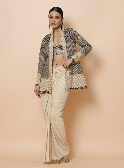 Ivory Bralette Paired with Jacket and Drape Skirt