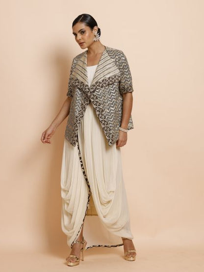 Ivory Cowl Drape One Piece with Ajrakh Jacket and Belt