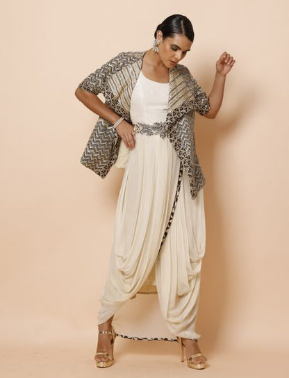 Ivory Cowl Drape One Piece with Ajrakh Jacket and Belt
