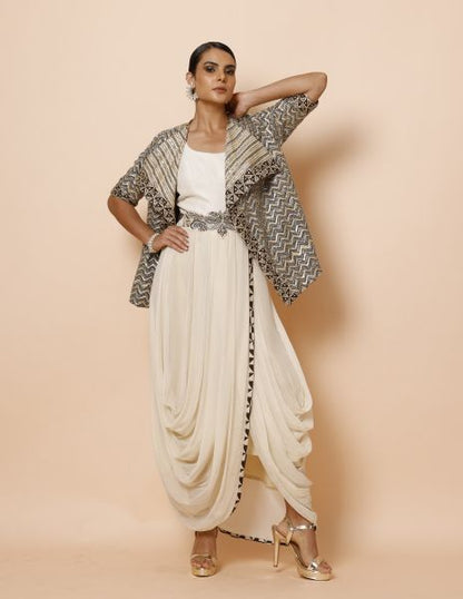 Ivory Cowl Drape One Piece with Ajrakh Jacket and Belt