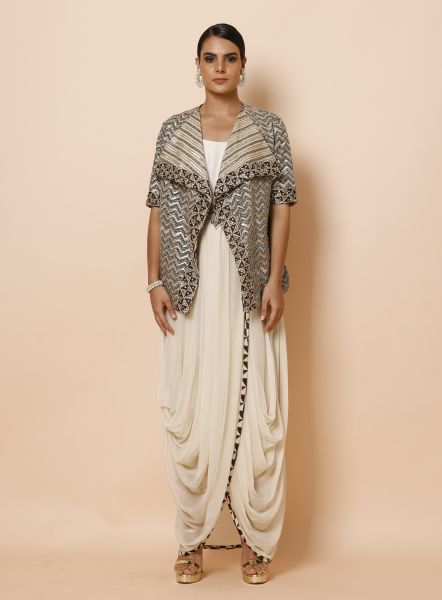 Ivory Cowl Drape One Piece with Ajrakh Jacket and Belt