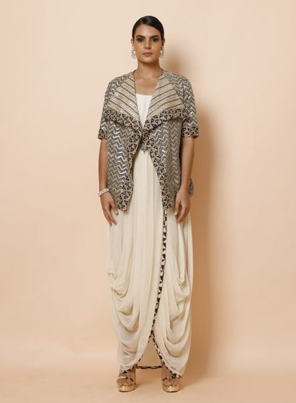 Ivory Cowl Drape One Piece with Ajrakh Jacket and Belt