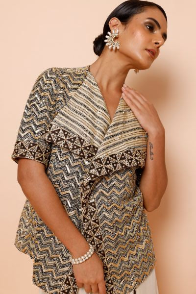 Ivory Cowl Drape One Piece with Ajrakh Jacket and Belt