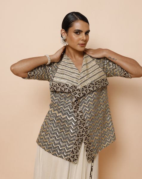 Ivory Cowl Drape One Piece with Ajrakh Jacket and Belt