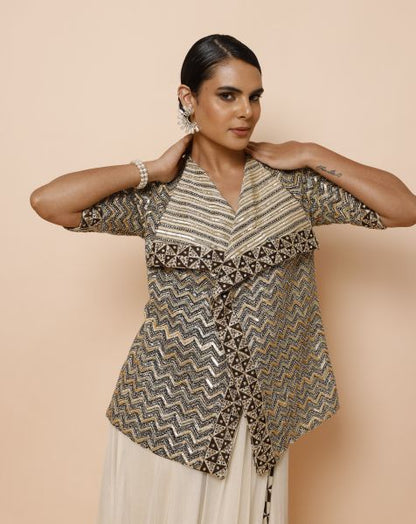Ivory Cowl Drape One Piece with Ajrakh Jacket and Belt