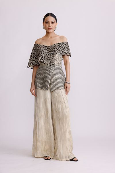 Ivory Off Shoulder Peplum Top with Crush Straight Pants