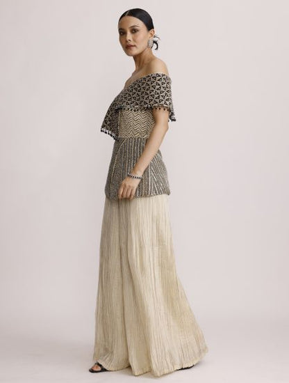 Ivory Off Shoulder Peplum Top with Crush Straight Pants