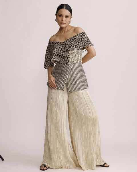 Ivory Off Shoulder Peplum Top with Crush Straight Pants