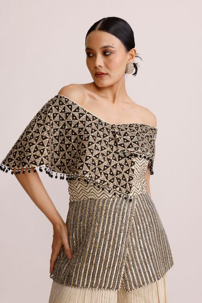 Ivory Off Shoulder Peplum Top with Crush Straight Pants