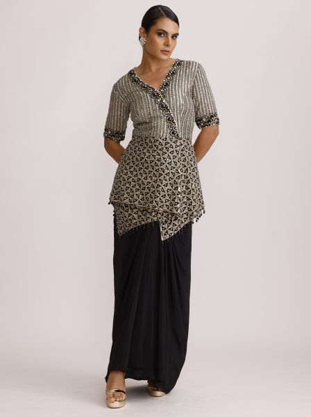 Ajrakh Peplum Top with Crape Drape Skirt