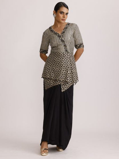 Ajrakh Peplum Top with Crape Drape Skirt