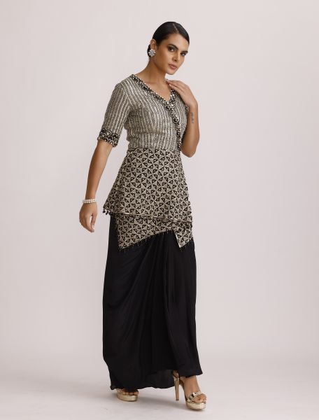 Ajrakh Peplum Top with Crape Drape Skirt