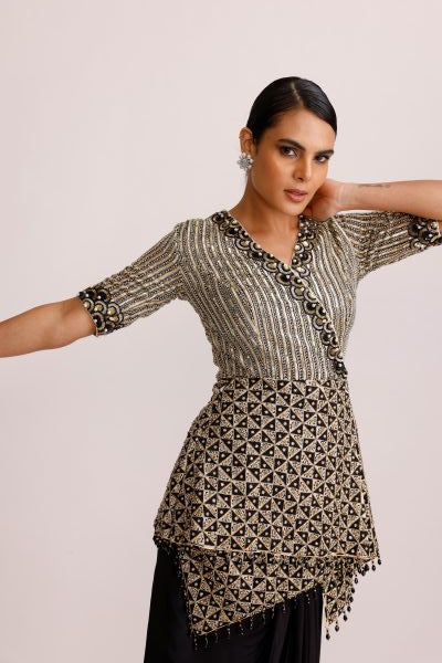 Ajrakh Peplum Top with Crape Drape Skirt