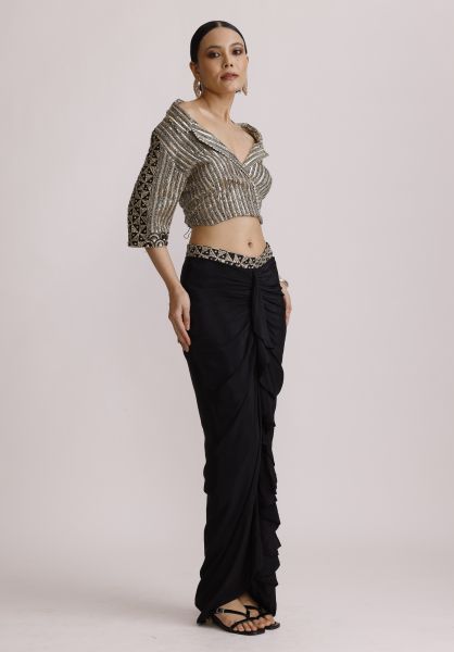 Black Blazer Collar Top with Drape Skirt