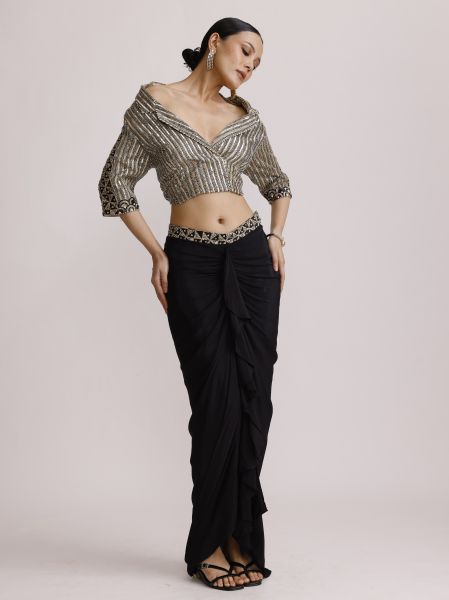 Black Blazer Collar Top with Drape Skirt