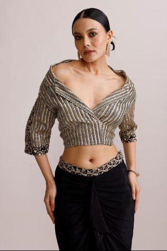 Black Blazer Collar Top with Drape Skirt