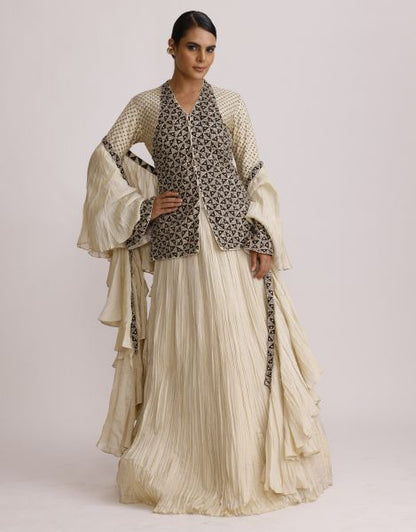 Ivory Ajrakh Jacket with Crush Skirt and Frill Dupatta