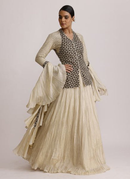 Ivory Ajrakh Jacket with Crush Skirt and Frill Dupatta