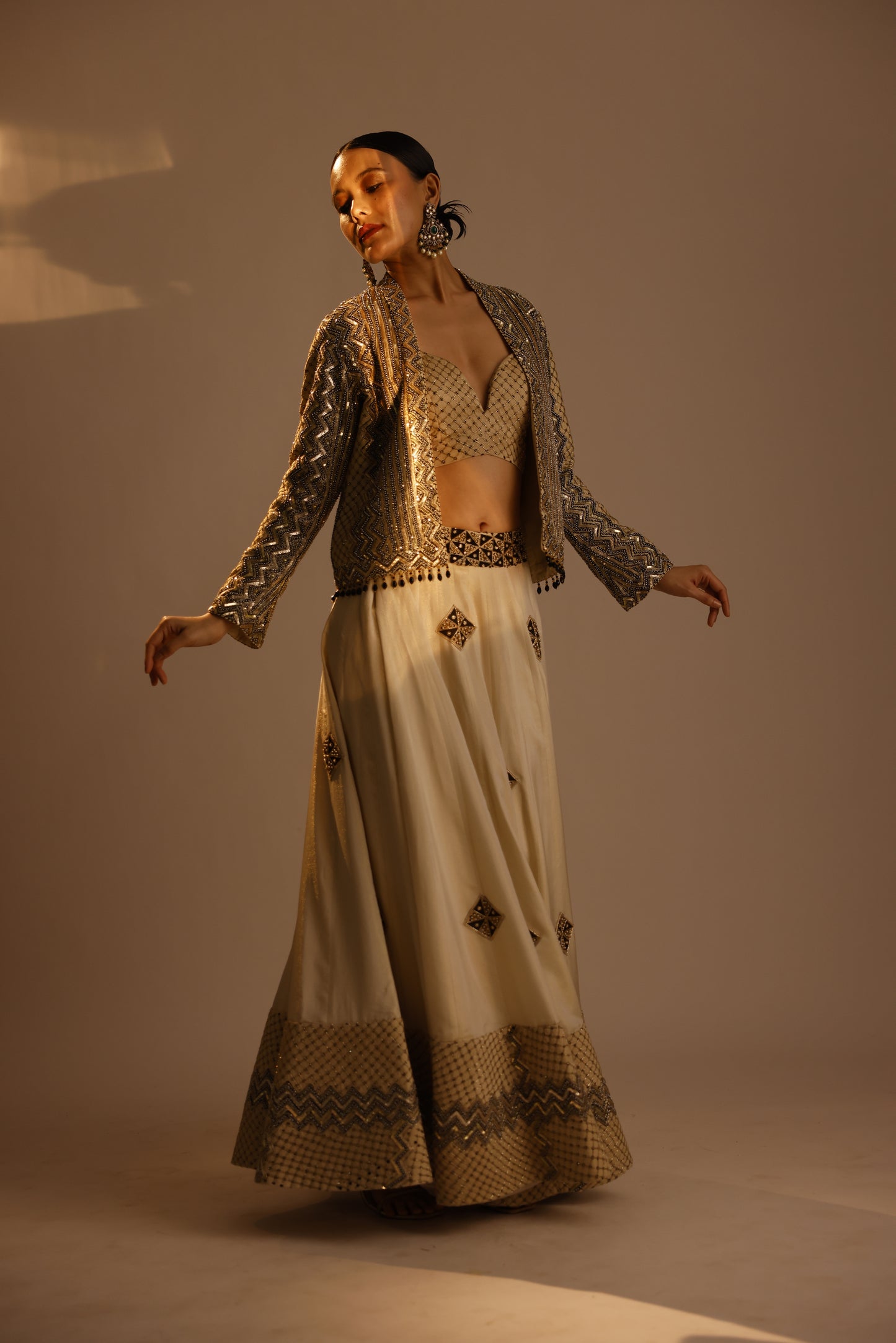 Ivory Bralette Skirt and Jacket