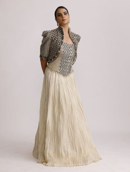 Ivory Corset Top with Crush Skirt and Paired with Ajrakh Jacket