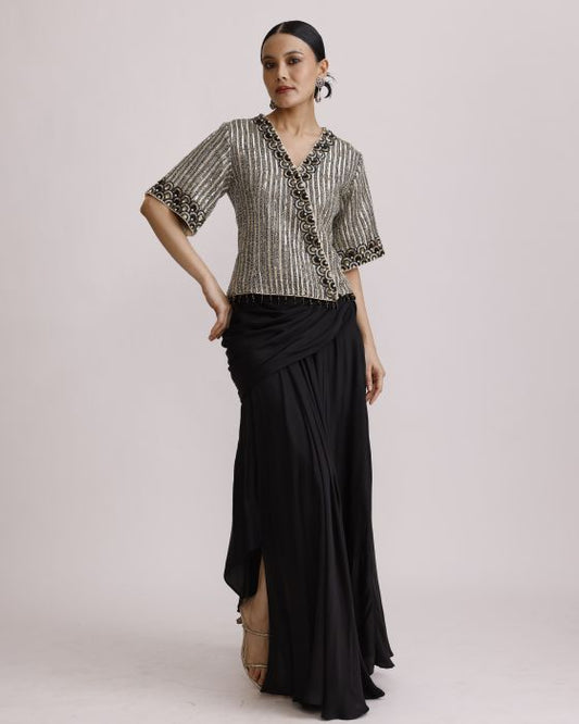 Shimmer Tissue Embroided Top with Drape Skirt