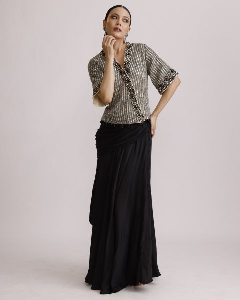 Shimmer Tissue Embroided Top with Drape Skirt