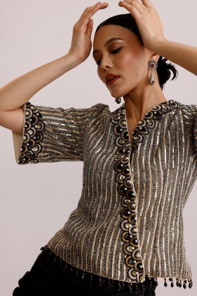 Shimmer Tissue Embroided Top with Drape Skirt