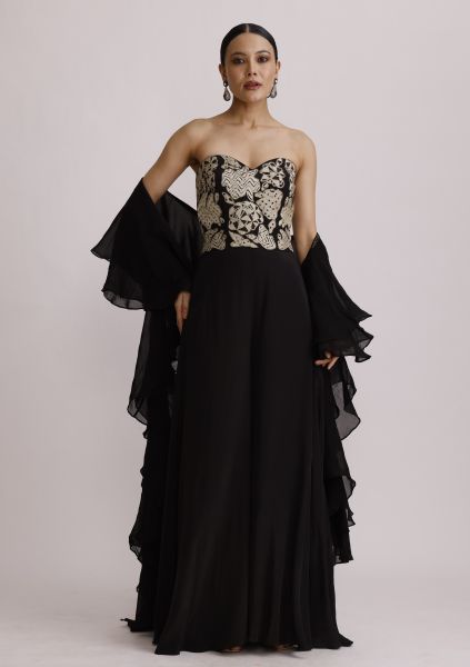Black Corset Jumpsuit with Ruffle Dupatta