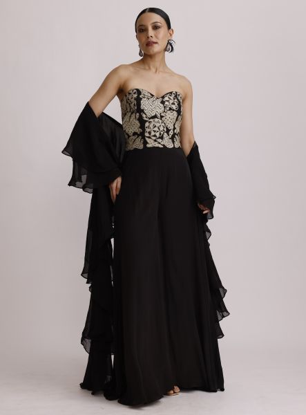 Black Corset Jumpsuit with Ruffle Dupatta