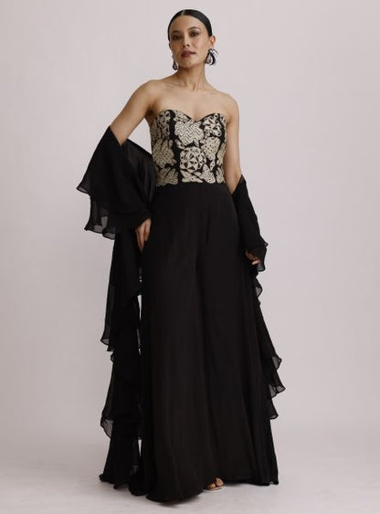 Black Corset Jumpsuit with Ruffle Dupatta