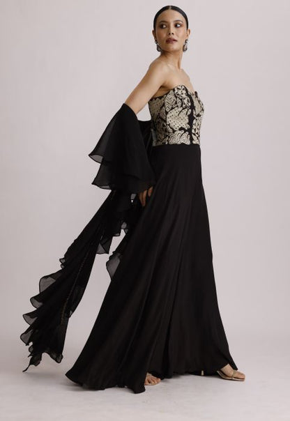 Black Corset Jumpsuit with Ruffle Dupatta