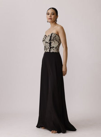 Black Corset Jumpsuit with Ruffle Dupatta