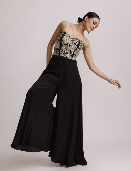 Black Corset Jumpsuit with Ruffle Dupatta