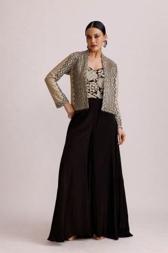 Black Corset Jumpsuit with Ajrakh Jacket
