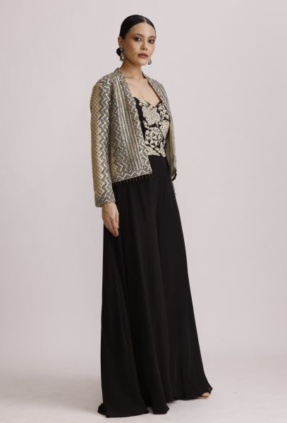 Black Corset Jumpsuit with Ajrakh Jacket