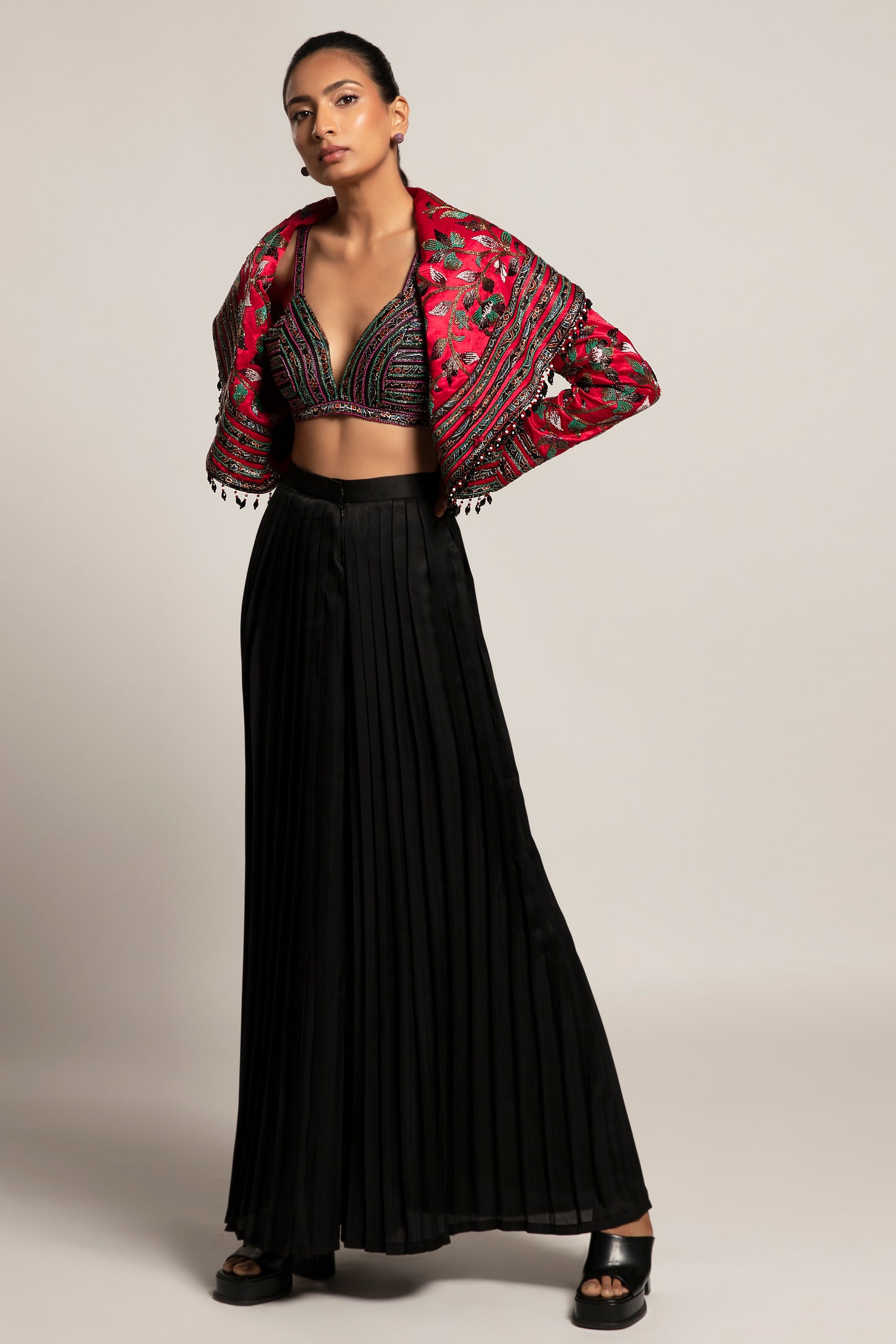 Black Leaf Embellished Cape Pant Set
