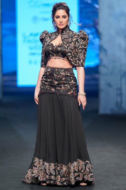 Black Embellished Jacket Fish-cut Lehenga Set
