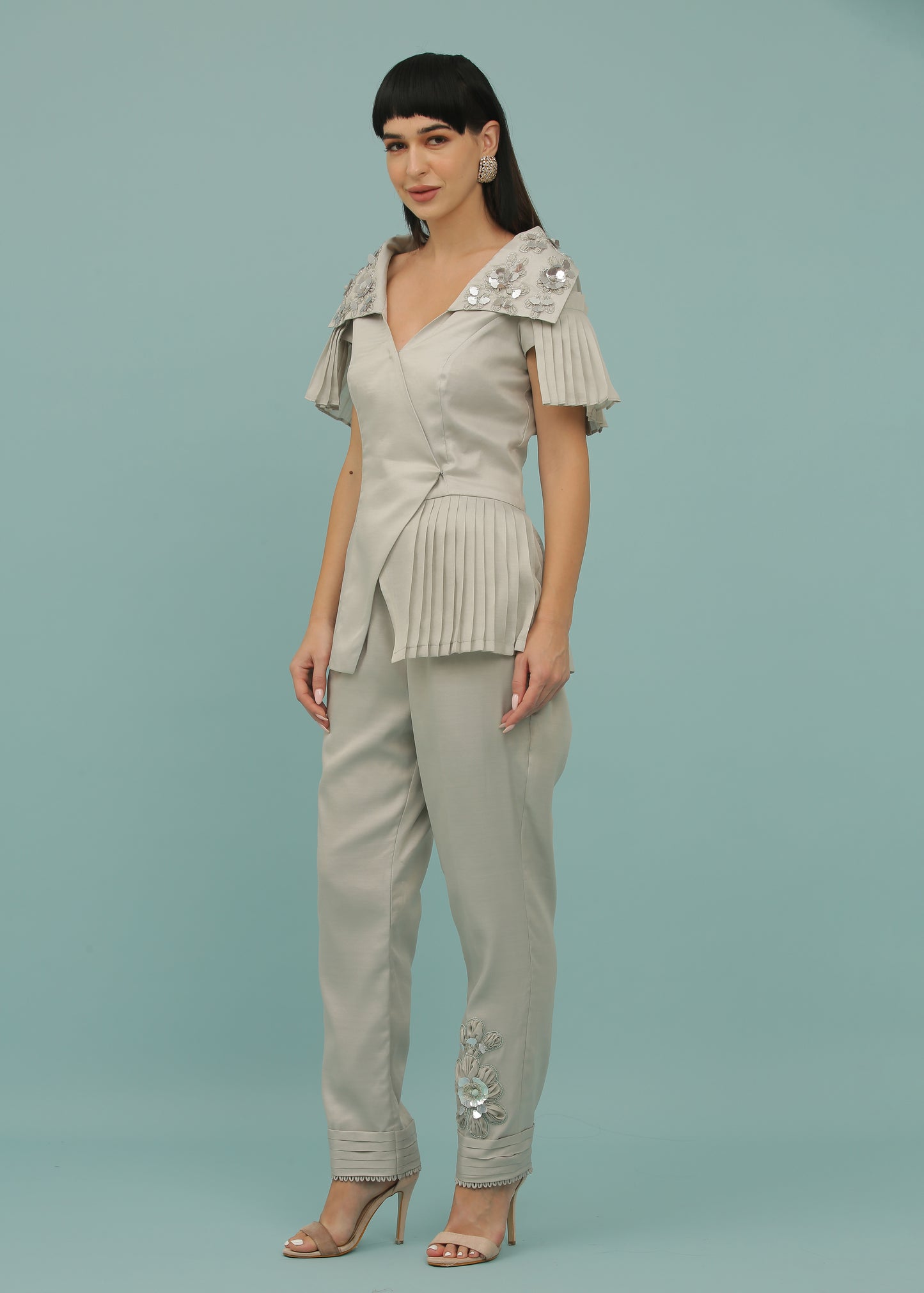 Pearl river Grey Fancy Sleeves Coord Set
