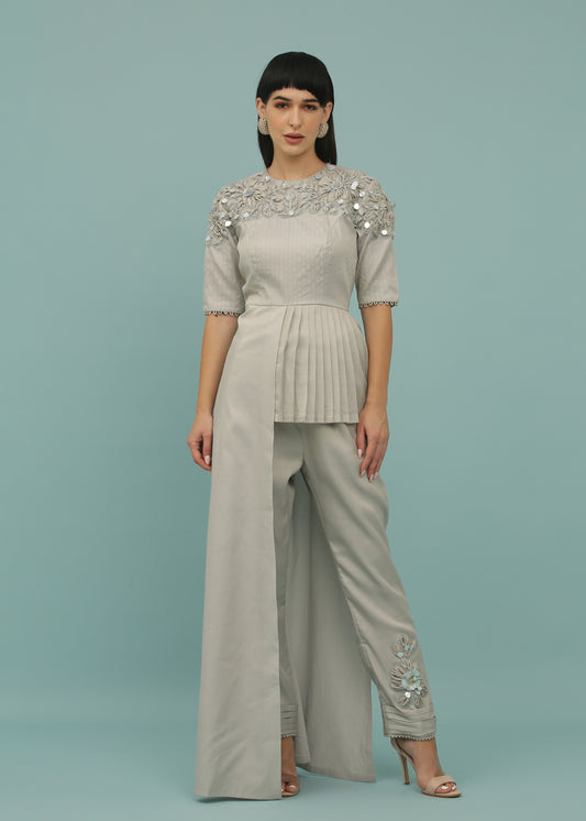 Grey Assymetric Pleated Coord Set