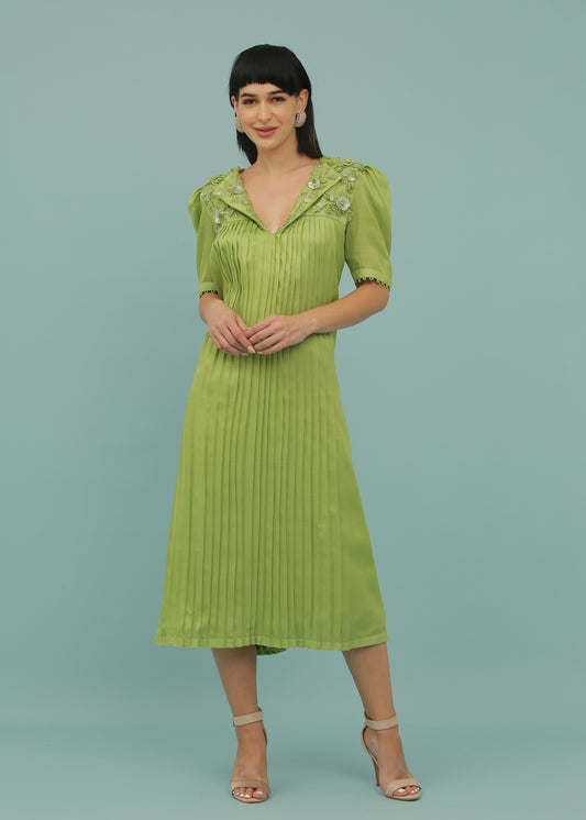 Sheen Green A-Line Collar Pleated Dress