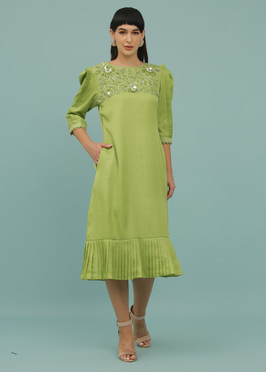 Envy Green A-Line Yoke Embroidered Dress
