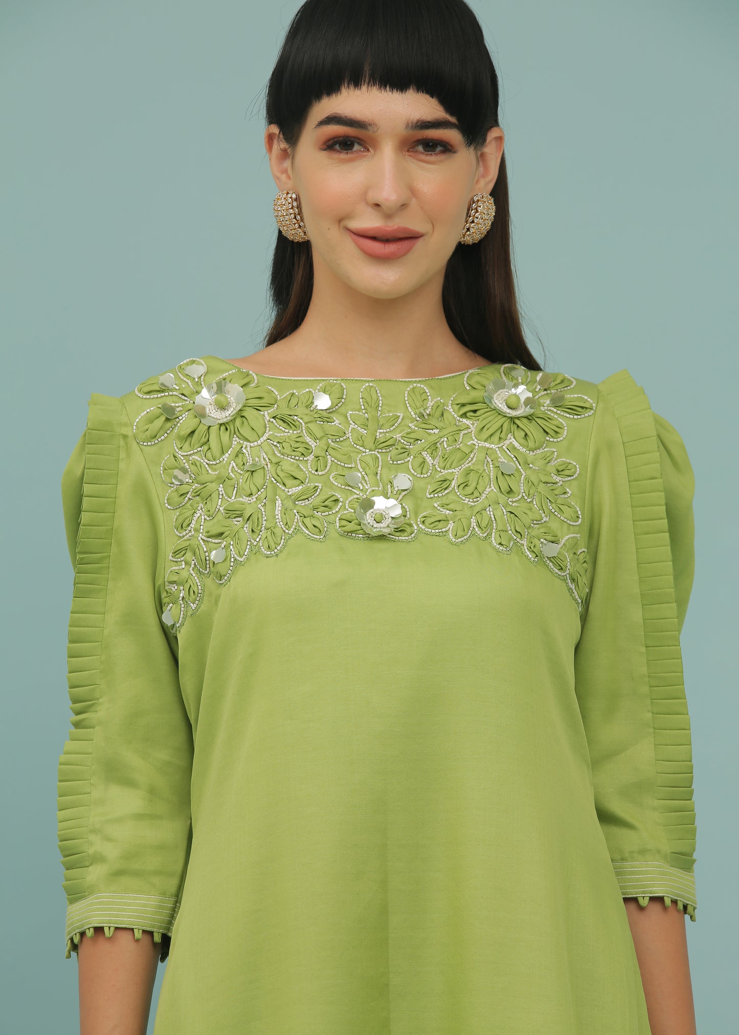 Envy Green A-Line Yoke Embroidered Dress
