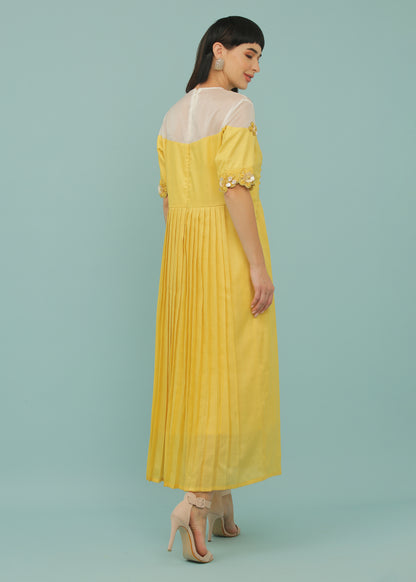 Lemon Yellow A-Line Organza Yoke Dress