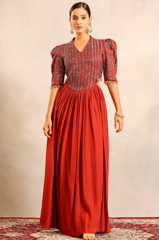 Red ajrakh embroidered gathered dress