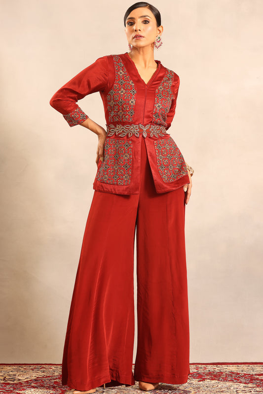 Red ajrakh fully handcrafted peplum top with flare pants
