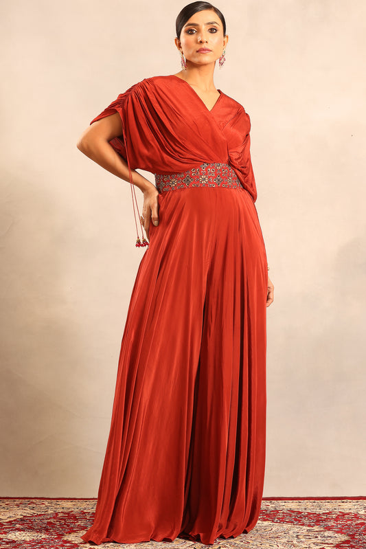 Red ajrakh embellished flared jumpsuit