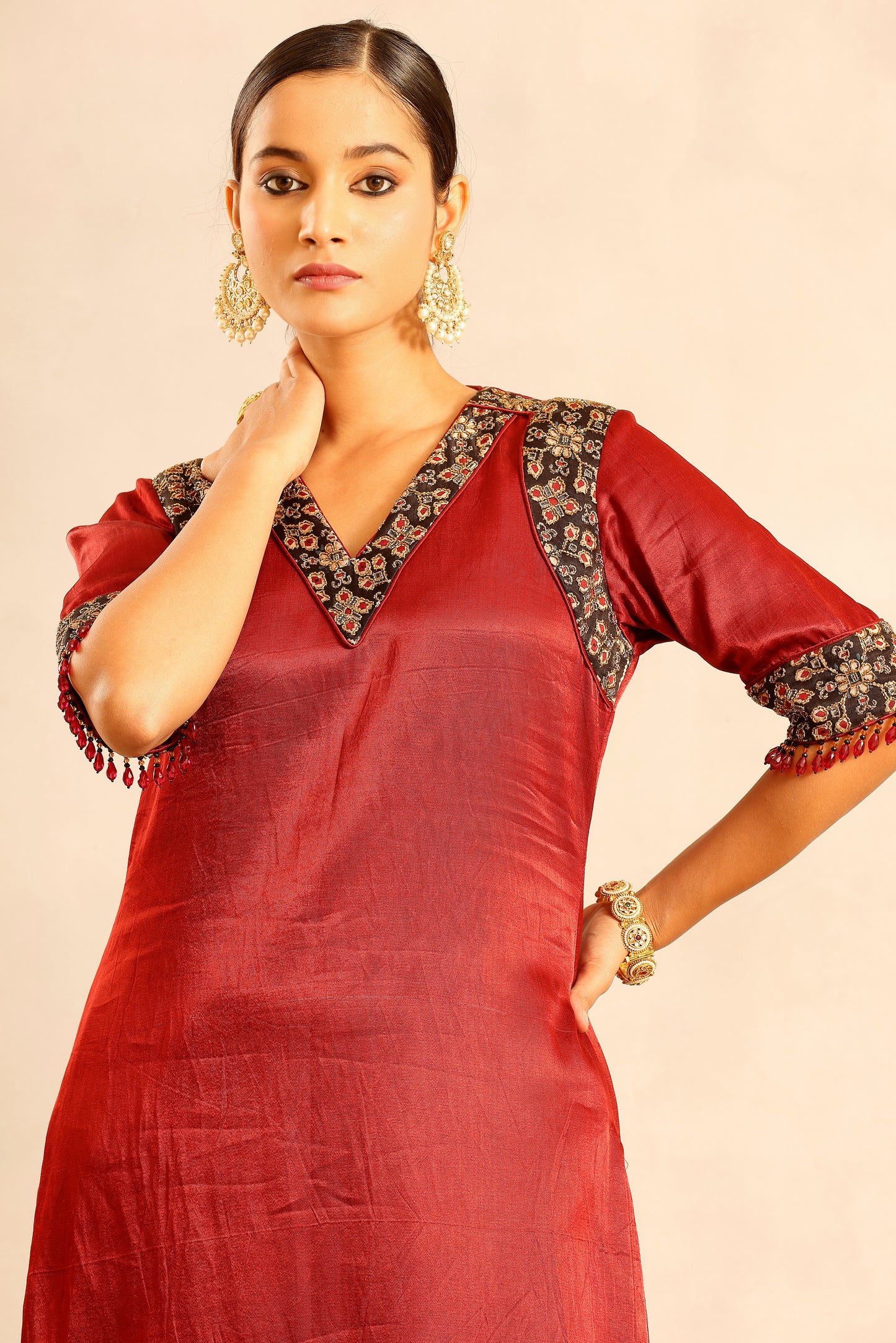 Maroon Ajrakh embellished kurta with pants