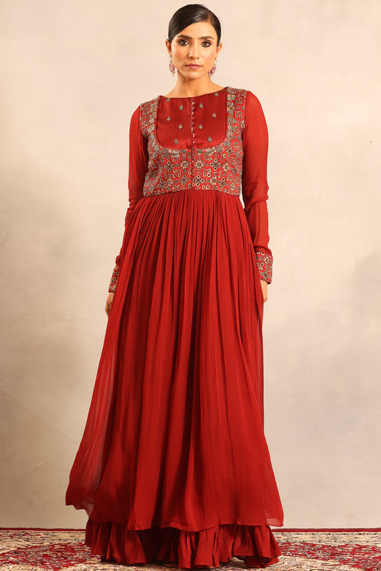 Maroon ajrakh embellished full sleeve gathered dress