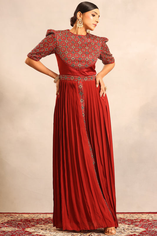 Maroon ajrakh embellished yoke gathered dress